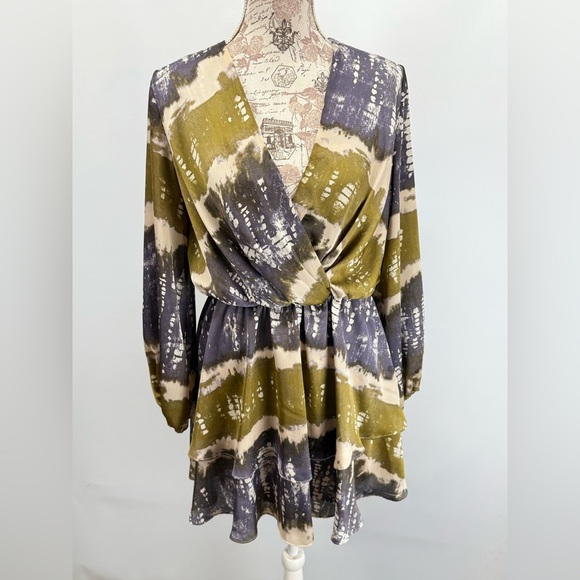 ADRIENNE Gray/lavender & green abstract print surplice layered mini dress size S - Picture 9 of 14